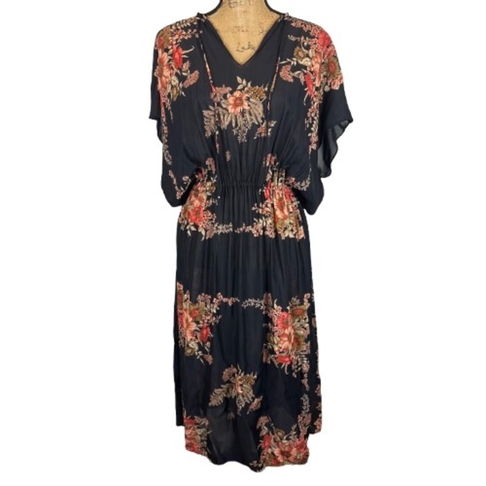 Vintage Je Vous Aime Nancy Bracoloni Black Floral Kaftan Midi Dress Size 5